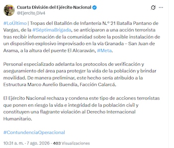 Ejército detuvo una acción terrorista tras recibir información de la comunidad sobre la posible instalación de un dispositivo explosivo improvisado en Meta - crédito @Ejercito_Div4/X