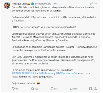 La emergencia reporta 43 puntos atendidos en 11 municipios, con 20 controlados, 16 extinguidos y 7 en actividad, de acuerdo con cifras de la Dirección Nacional de Bomberos - crédito Rodrigo Lara/X