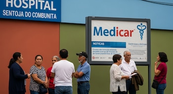 Varias personas adultas conversan frente a una cartelera con el logo de Medicare y avisos en español, al exterior de un centro de salud comunitario.
