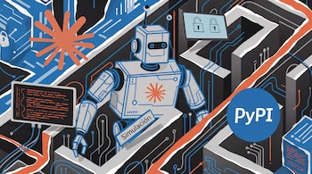 Robot gris y azul, circuitos, pantallas con candados y código, estrella naranja, texto 'Simulación', logo PyPI.