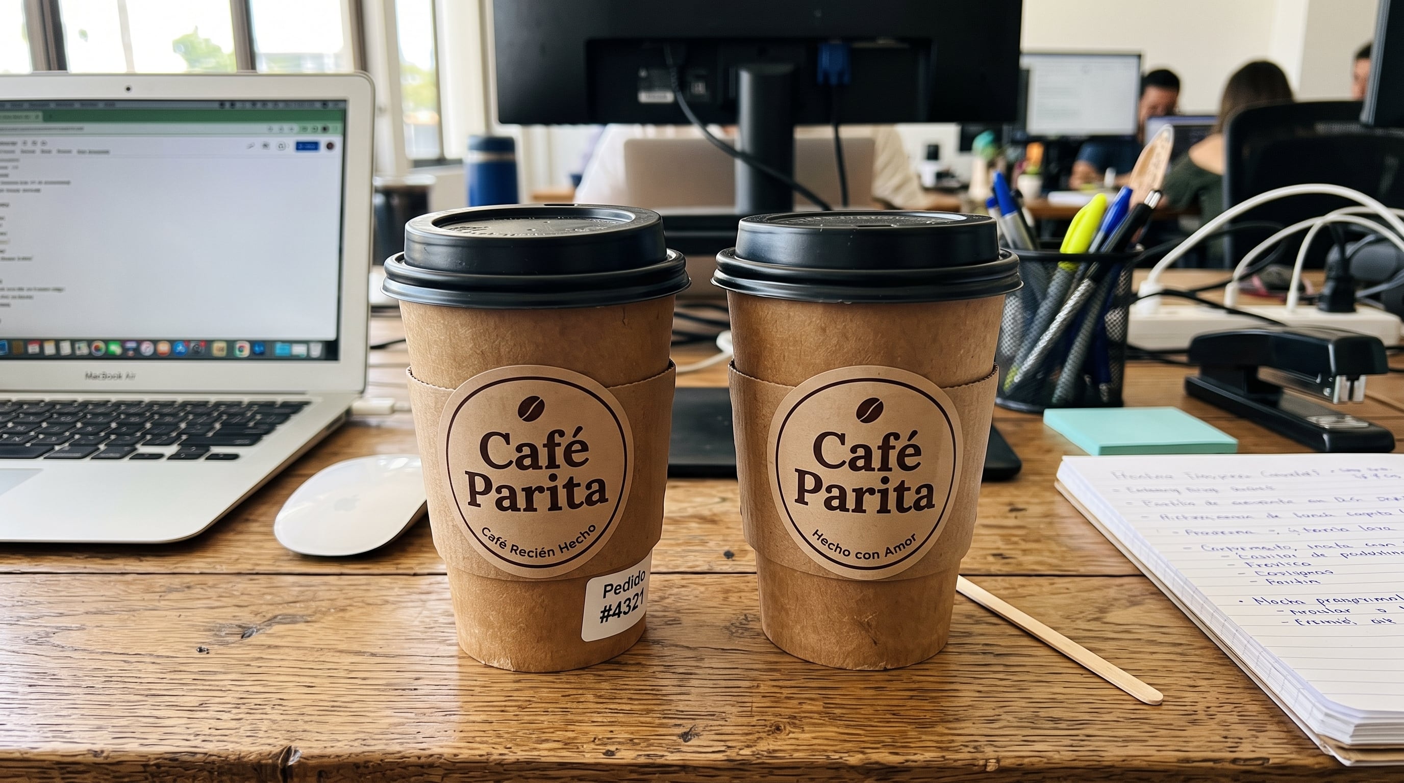 Dos vasos de café permanecen sobre un escritorio de oficina junto a una computadora portátil y material de trabajo. (Imagen Ilustrativa Infobae)