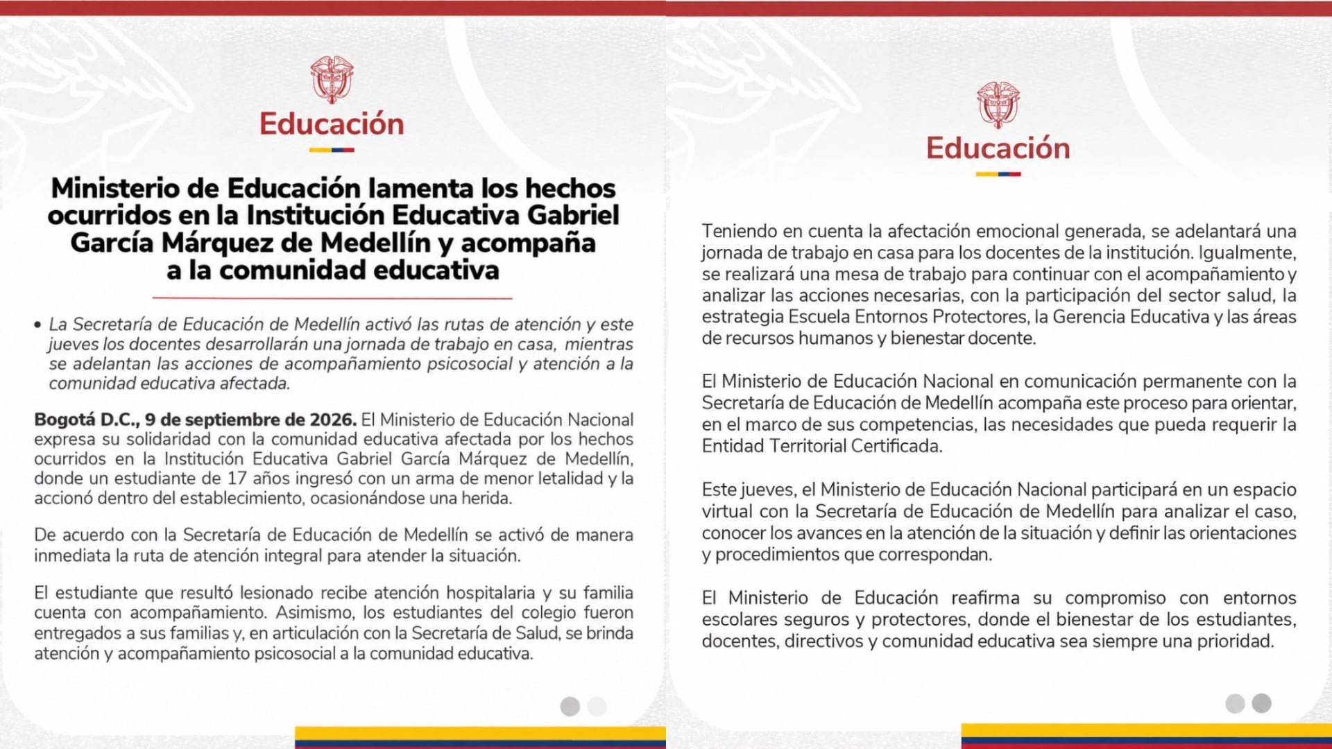 El Ministerio de Educación Nacional acompaña a la Institución Educativa Gabriel García Márquez de Medellín tras el ingreso de un estudiante de 17 años con un arma traumática al colegio - crédito @Mineducacion / X