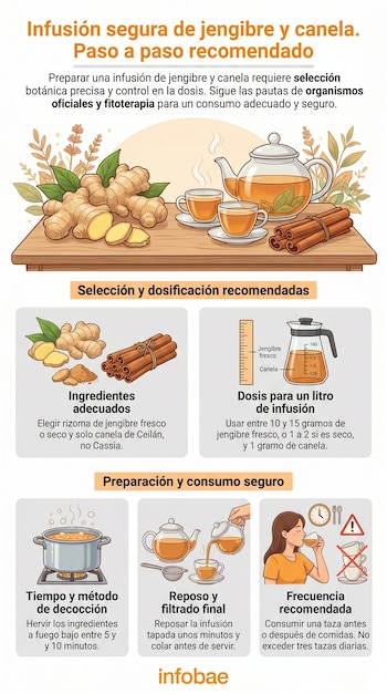Infografía ilustrada con instrucciones para preparar infusión de jengibre y canela, mostrando ingredientes, dosificación, cocción y consumo.