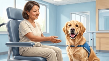 Una mujer sentada en una silla clínica extiende la mano a un perro Golden Retriever con chaleco azul dentro de una sala hospitalaria.