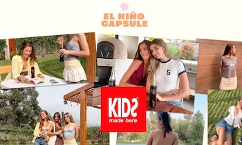 Collage de siete fotografías con mujeres jóvenes al aire libre, texto "El Niño Capsule" y el logotipo de Kids Made Here, botellas de gaseosa, vegetación