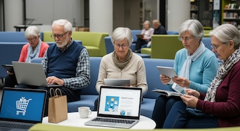 Cinco adultos mayores de diversas etnias sentados en sofás azules en un espacio moderno, utilizando computadoras portátiles y tabletas para navegar, comprar y aprender en línea.