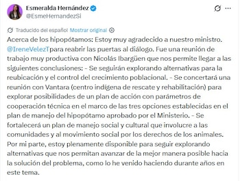 La reunión más reciente permitió fortalecer las coordinaciones con organizaciones especializadas y consolidar alternativas que eviten decisiones letales, priorizando intervenciones responsables y la inclusión de actores locales - crédito captura de pantalla @EsmeHernandezSi / x