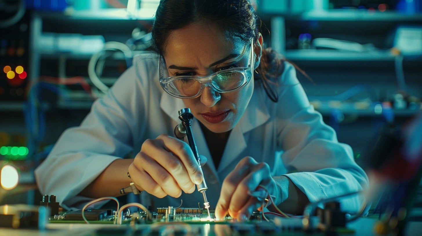 Mujer hispana profesional técnica soldando una placa electrónica con precisión y habilidades especializadas. - (Imagen Ilustrativa Infobae)