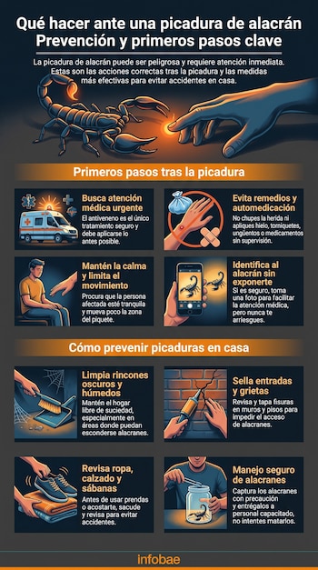 Infografía con un alacrán y una mano, que detalla la prevención y primeros auxilios ante picaduras. Incluye imágenes de ambulancia, hogar, limpieza, sellado.