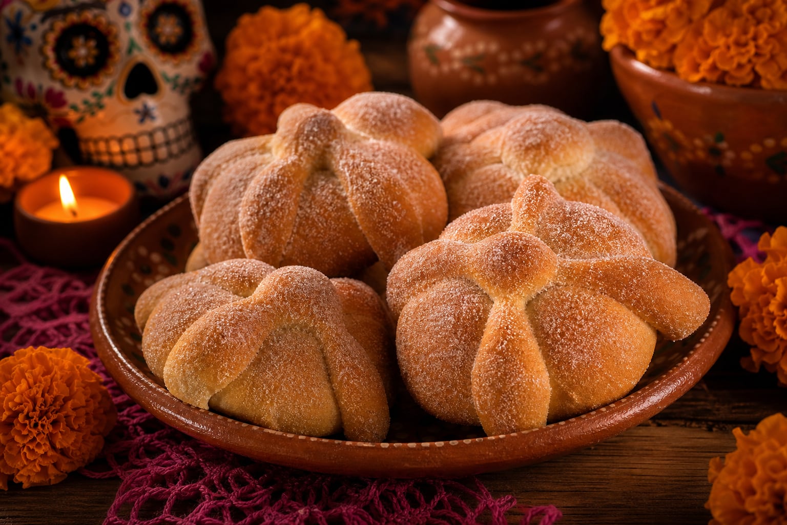 Varias piezas de pan de muerto reposan en un plato de barro junto a flores de cempasúchil y elementos tradicionales del Día de Muertos. (Imagen Ilustrativa Infobae)