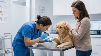 Una veterinaria con uniforme azul examina la pata de un perro sobre una mesa metálica mientras una mujer sostiene al animal.