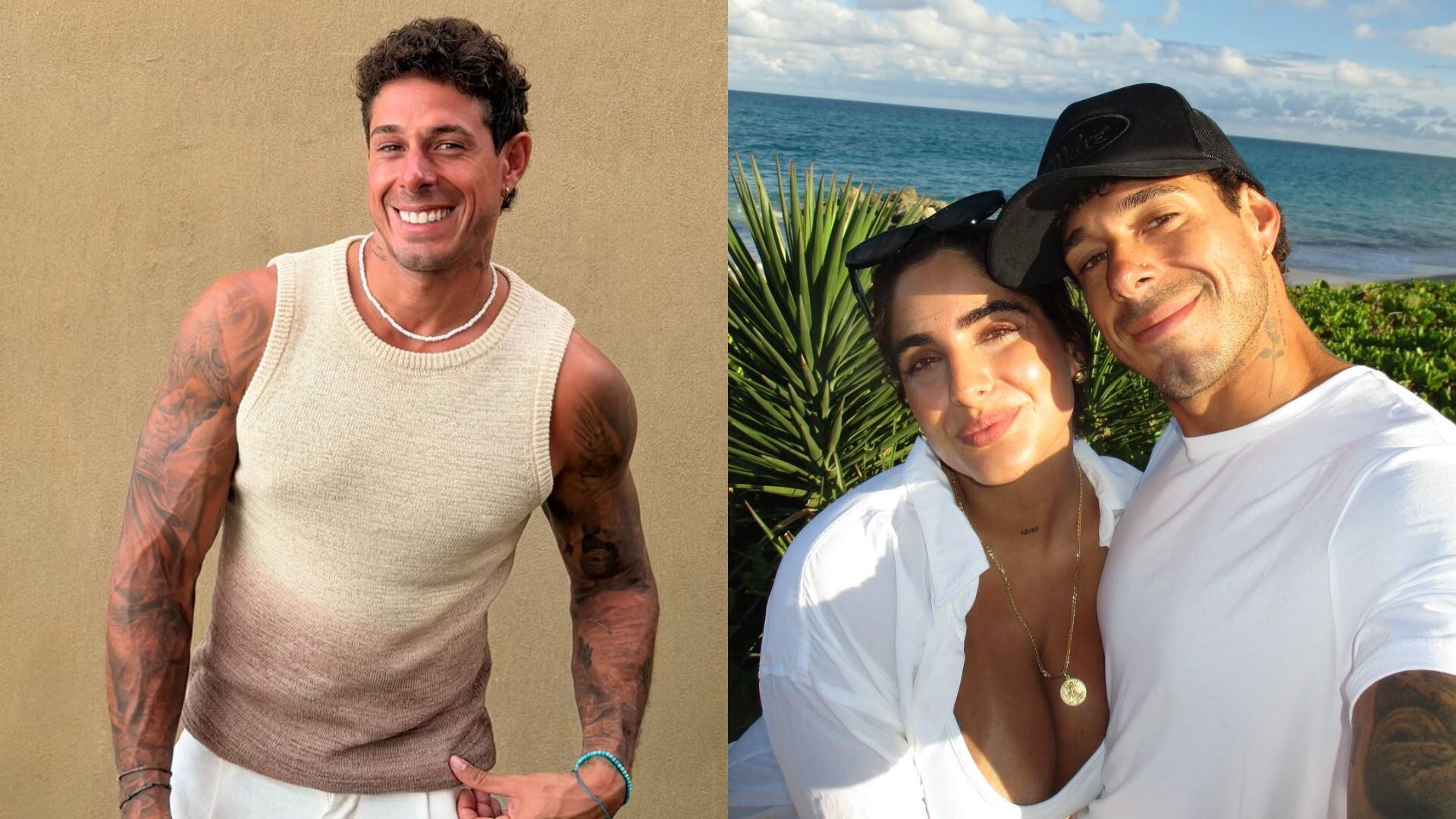 Hugo García e Isabella Ladera posan juntos en una imagen de playa y en un retrato individual, celebrando la feliz noticia de que esperan a su primer hijo. (Hugo García)