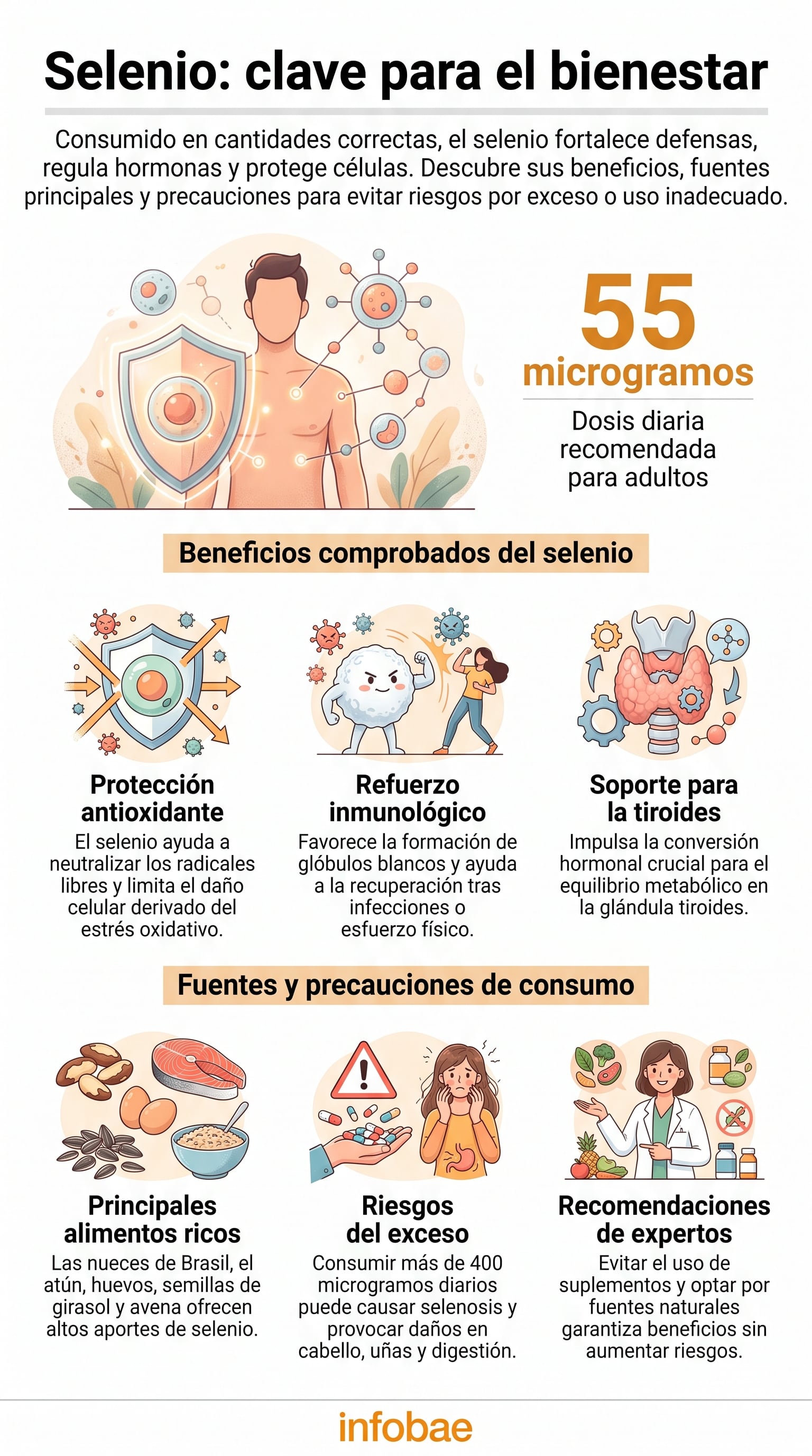 Una infografía de Infobae detalla los beneficios, las fuentes alimenticias y las precauciones en el consumo del selenio, con una dosis diaria recomendada de 55 microgramos para adultos. (Imagen Ilustrativa Infobae)