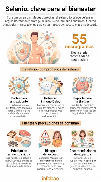 Infografía sobre el selenio con texto "Selenio: clave para el bienestar", "55 microgramos dosis diaria", figuras humanas, glóbulos, tiroides, alimentos y un médico.