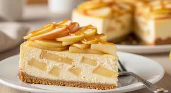 Primer plano de una rebanada de cheesecake de manzana en un plato blanco, con capas de manzana en el interior, cubierta con rodajas de manzana fresca y sirope de caramelo.