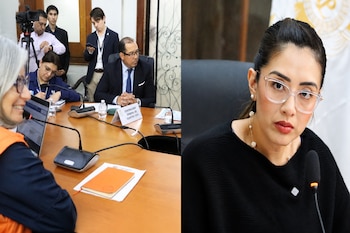 Dos fotos contiguas con una reunión institucional con identificador de Contraloría General de Cuentas y un rostro femenino en primer plano.