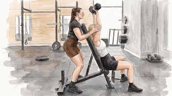 Dos mujeres en un gimnasio. Una mujer levanta mancuernas en un banco inclinado, otra la asiste. Barras y discos de pesas. Ilustración estilo acuarela.