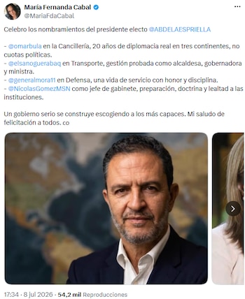María Fernanda Cabal respaldó la experiencia diplomática de Omar Bula Escobar y destacó el perfil técnico del gabinete - crédito @MariaFdaCabal/X