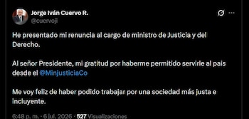 Cuervo disse a X que estava deixando o Ministério da Justiça e agradeceu ao presidente pela oportunidade de servir ao país - crédito @cuervoji / X