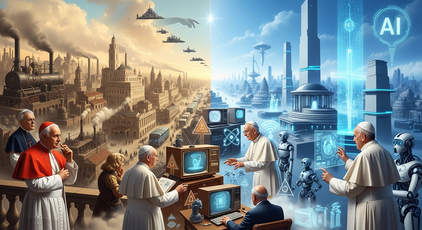 La imagen ilustra la evolución del papel de los papas a lo largo de las grandes transformaciones sociales y tecnológicas, desde la Revolución Industrial hasta la era de la Inteligencia Artificial. (Imagen Ilustrativa Infobae)
