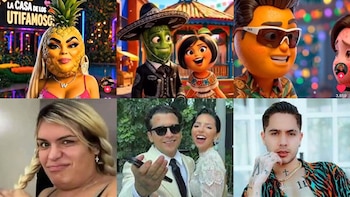 Las frutinovelas han ganado gran popularidad en México, convirtiendo a famosos como Ángela Aguilar, Juan de Dios Pantoja y Un Tal Fredo en personajes de estas parodias animadas creadas con inteligencia artificial. Diseño: (Jesús Tovar Sosa/Infobae)
