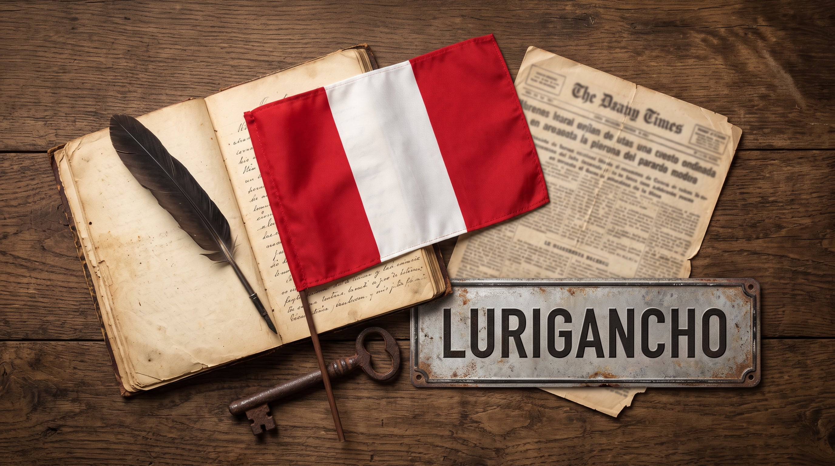 Una bandera de Perú, un libro antiguo con pluma, un recorte de periódico y una placa de Lurigancho representan elementos de la memoria histórica. (Imagen Ilustrativa Infobae)