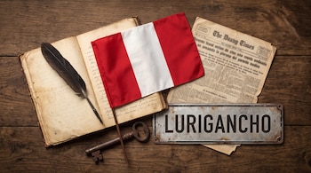 Bandera de Perú, libro abierto con una pluma, llave de hierro, recorte de periódico y placa de metal con la palabra Lurigancho sobre madera.