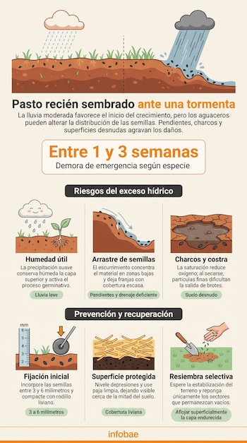 Infografía con ilustraciones sobre semillas en la tierra, nubes de lluvia, suelo erosionado y el logotipo de Infobae en la parte inferior.