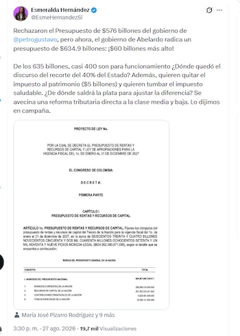 La congresista Esmeralda Hernández aseguró que el Gobierno presentará una reforma tributaría que afectará a las clases medias y bajas - crédito @EsmeHernandezSi/X