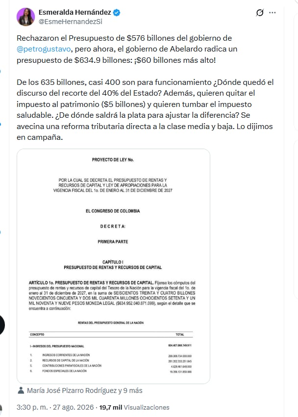 La congresista Esmeralda Hernández aseguró que el Gobierno presentará una reforma tributaría que afectará a las clases medias y bajas - crédito @EsmeHernandezSi/X