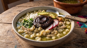 Plato hondo de cerámica con pozole verde, maíz, carne, cilantro, cebolla, rábanos, aguacate y una cuchara de metal.