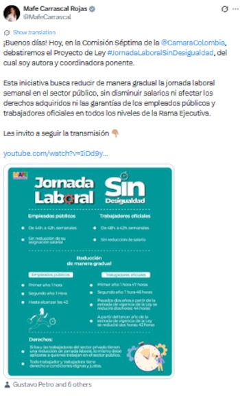 La Comisión Séptima de la Cámara aprobó en primer debate la reducción gradual de la jornada laboral para empleados públicos - crédito @MafeCarrascal/X
