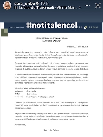 Sara Uribe alertó a sus seguidores de estafa en la que están usando su rostro - crédito @sara_uribe/ Instagram