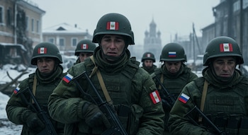 Grupo de soldados con uniformes verdes de camuflaje, cascos con banderas peruanas y parches rusos, en un entorno invernal nevado con edificios al fondo.