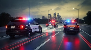 Tres coches de policía con luces rojas y azules encendidas en una autopista mojada y lluviosa por la noche, con un horizonte urbano y reflejos de luz en el asfalto.