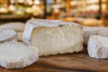Una pieza cortada de queso de cabra con corteza visible sobre una superficie de madera junto a otros trozos de queso.