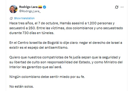 Este fue el mensaje del ministro del Interior a la comunidad judía de Colombia - crédito (@Rodrigo_Lara_/X)