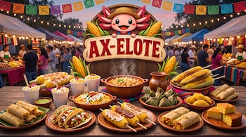 Mesa con elotes preparados, esquites en vasos, tamales, tacos y pan de maíz ante un cartel con la palabra Ax-elote y guirnaldas.