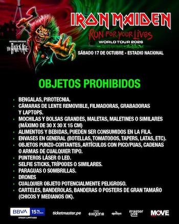 Estos son los artículos prohibidos para el concierto de Iron Maiden en el Estadio Nacional de Lima. IG