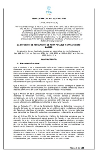 La CRA dice que el marco tarifario reconoce las realidades sociales, económicas, ambientales y territoriales de quienes garantizan el acceso al agua y al saneamiento en pequeños municipios y la ruralidad del país - crédito CRA