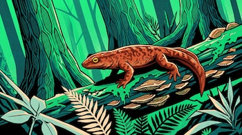 Ilustración de un anfibio anaranjado sobre un tronco con hongos, rodeado de helechos y grandes árboles en tonos verdes.