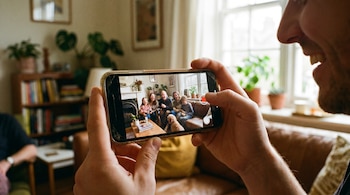 Primer plano lateral de un hombre que graba un video con un teléfono. La pantalla muestra a cuatro personas sonriendo y un perro en un sillón.