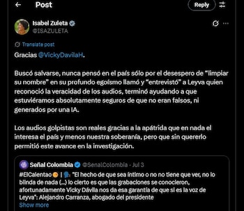 Isabel Zuleta agradeció de forma irónica a Vicky Dávila por publicar su llamada con Álvaro Leyva - crédito @ISAZULETA