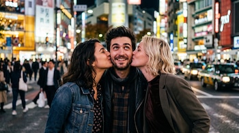 Un hombre en el centro mira hacia arriba mientras dos mujeres, una morena y otra rubia, lo besan en las mejillas en una calle nocturna.