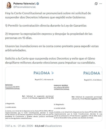 La senadora del Centro Democrático elevó el caso a la Corte Constitucional y pidió suspender las medidas, al considerar que afectan reglas de contratación y propiedad - crédito @PalomaValenciaL/X