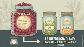 Ilustración comparativa de Vitamina C en tres frascos: camu camu (2,000-3,000 mg), kiwi (90 mg) y naranja (53 mg). Una balanza aparece al lado del frasco de camu camu.