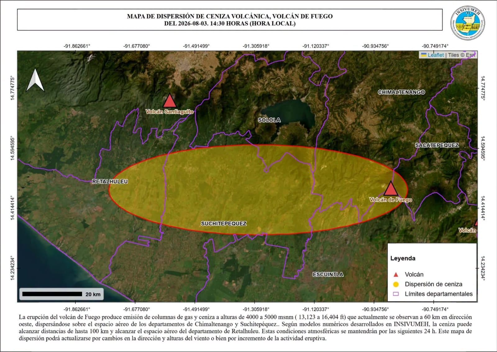 La erupción del Volcán de Fuego genera emisiones de gas y ceniza entre 4 mil y 5 mil metros de altura sobre el nivel del mar. (Insivumeh)