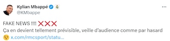 Publicación de Kylian Mbappé ante las acusaciones de los medios suecos (@KMbappe/X)