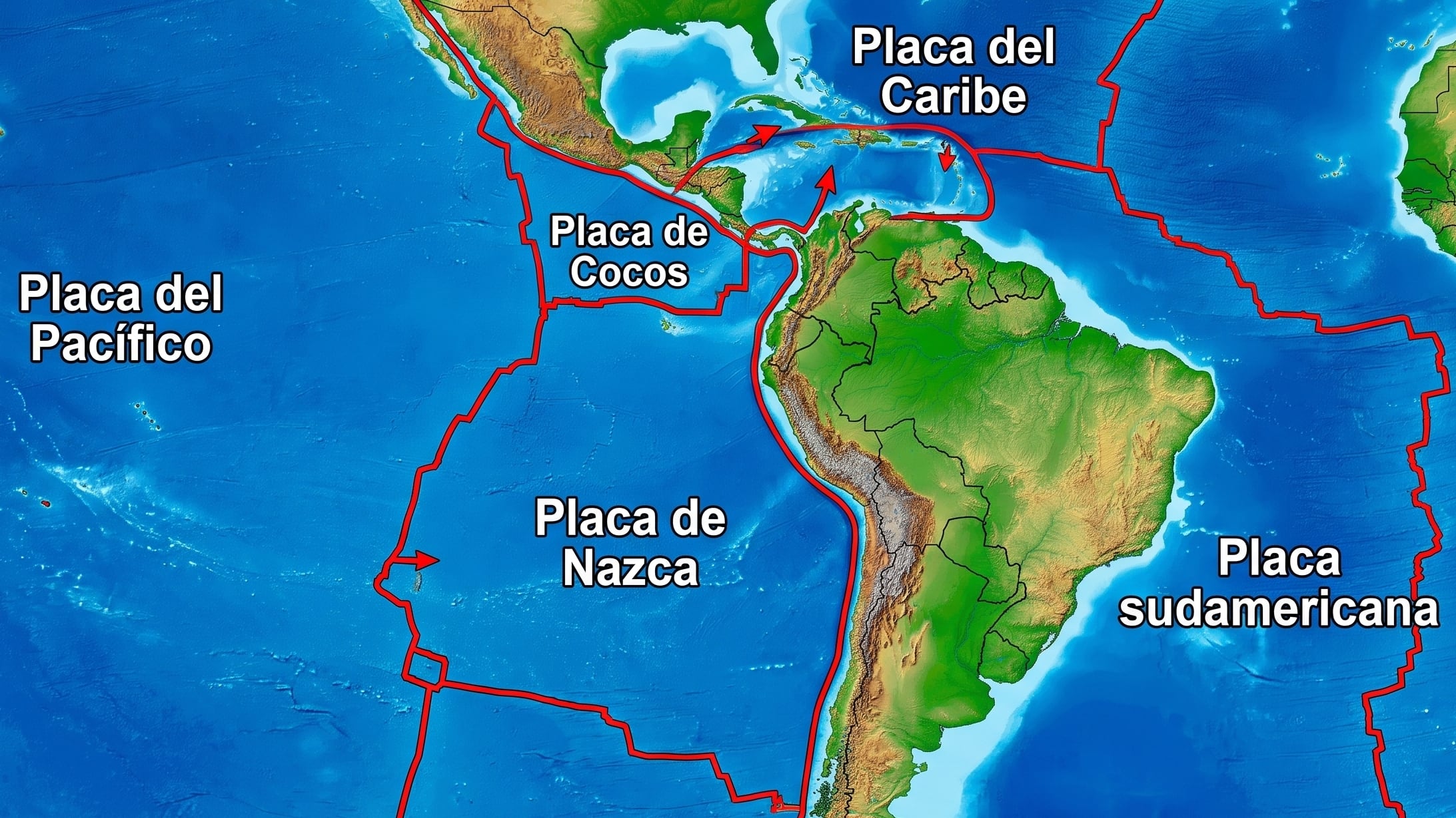 Un mapa de relieve muestra las principales placas tectónicas de América, sus límites demarcados con líneas rojas y las direcciones de su movimiento con flechas. (Imagen Ilustrativa Infobae)