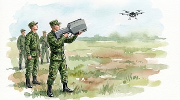 Militares del Ejército, con uniformes de camuflaje, dirigen un sistema antidrones portátil hacia un dron que vuela sobre un campo abierto - crédito